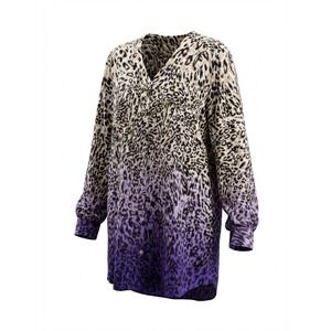 Chico's Animal Print Button Down Tunic Top Long Sleeve Purple Ombre Size 2